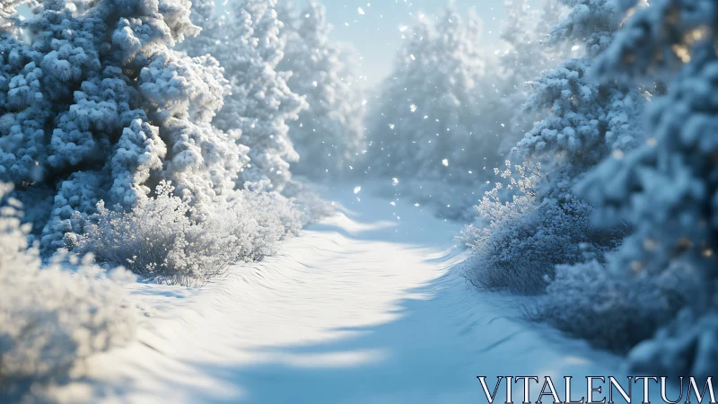 Snow covered forest path under gentle winter light.