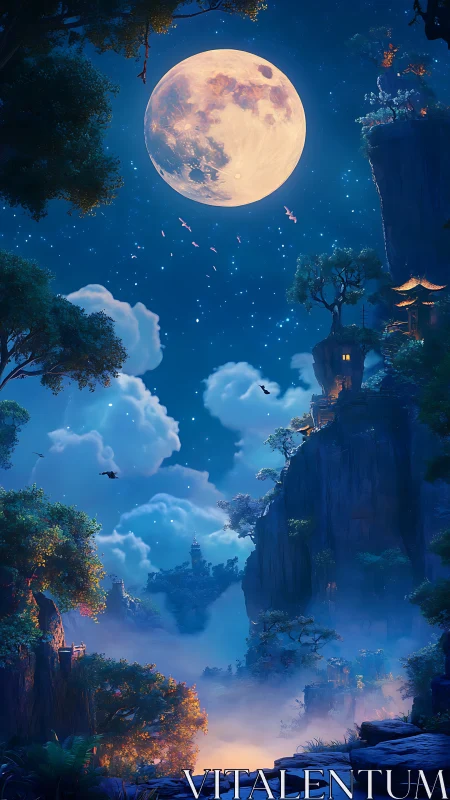 Moonlit fantasy canyon with mist, cliffs, and glowing homes
