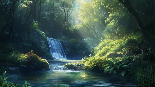 Luminous Forest Waterfall in Verdant Woodland.