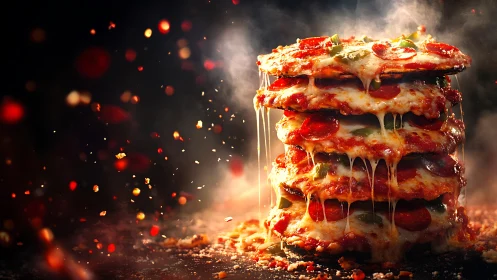 Photorealistic molten cheese pizza tower with cinematic lighting.