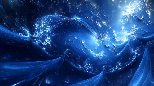 Blue fractal light structures in swirling digital field.