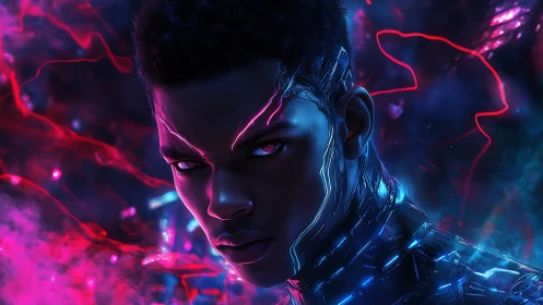 Neon cybernetic warrior in electric magenta stormscape.