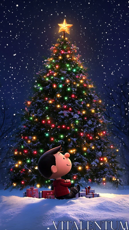 Star-topped Christmas tree glows above child in snowfall.