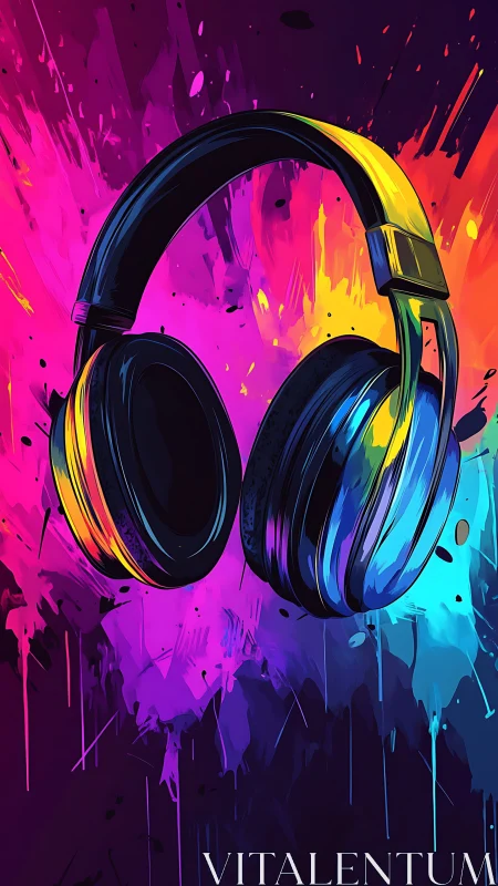 Neon over-ear headphones amid kinetic paint explosions.