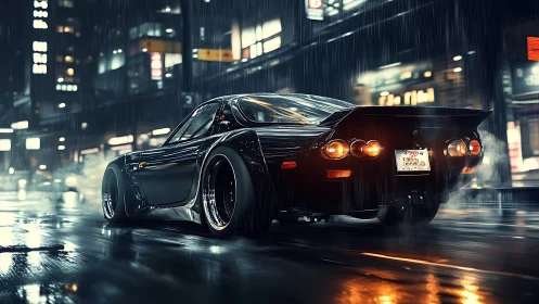 Cyberpunk street racer in cinematic rainy night pursuit.