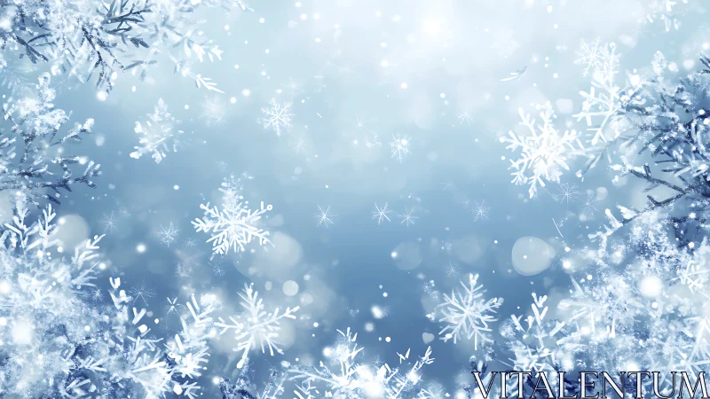 Frozen snowflakes on blue winter background in soft focus.
