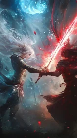 Bifurcated spectral duel under lunar-lit elemental turbulence.