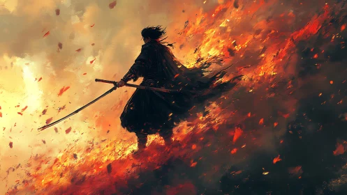Lone katana swordsman silhouetted against erupting inferno sky