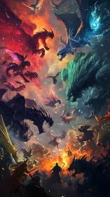 Multicolored dragons surrounding armed figures in battle sky.