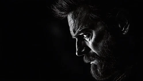 Brooding male profile emerges from stark black shadows.