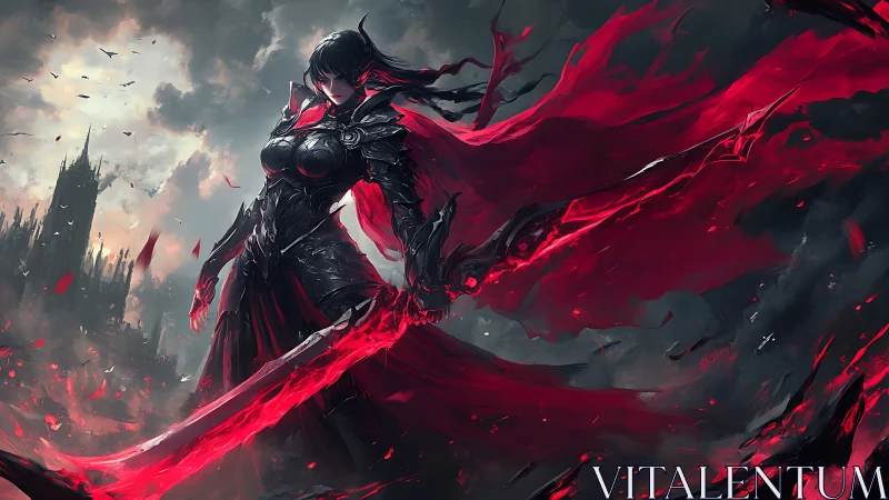 Crimson warlord in storm-swept ruins, blazing voidblade poised.