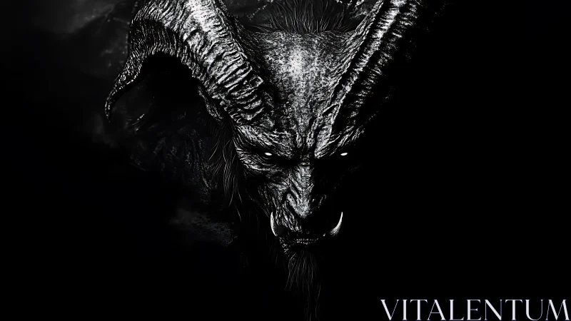 Horned abyssal demon emerges from obsidian darkness.