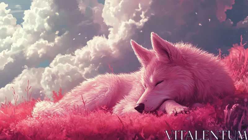 White canid resting on magenta field under dense clouds.