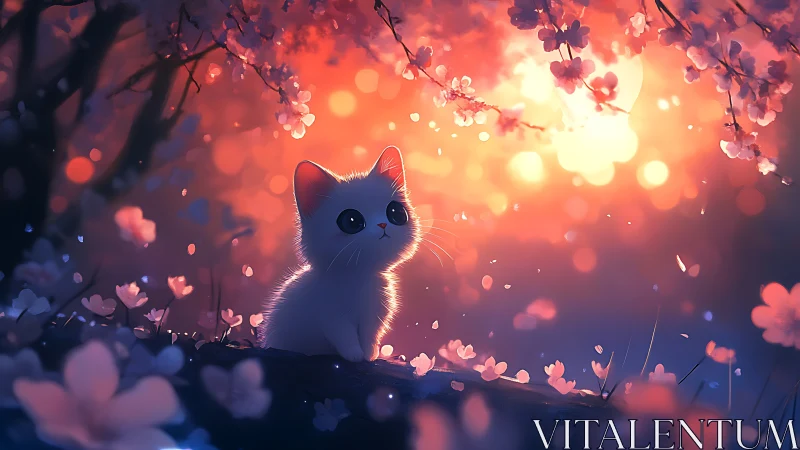 Luminescent White Feline Amid Bloom-Laden Arboreal Canopy.