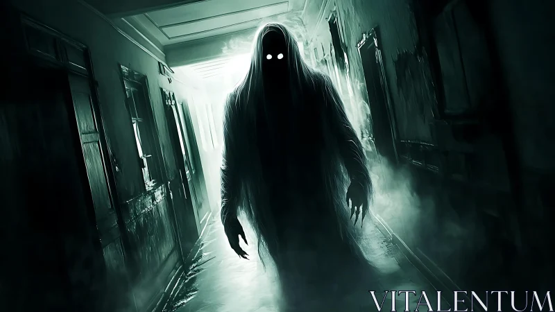 Spectral wraith emerging in misted, decaying asylum corridor.