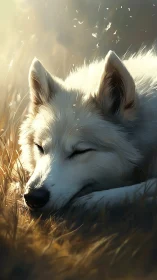 White dog resting in dry sunlit grass at golden hour.