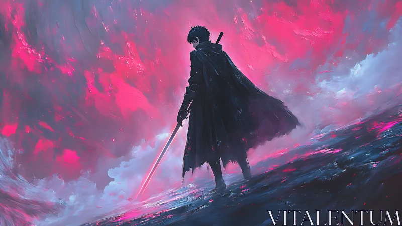 Neon storm warrior in silhouette with katana, digital painting.