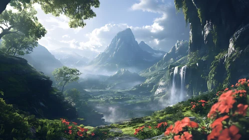 Volumetric-lit alpine valley with cascading waterfalls rendering.