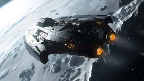 Sleek starship gliding above a moonlit frozen frontier.