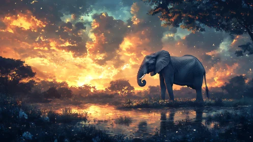 Elephant stands beside glowing water under burning sky.
