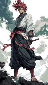 Storm-tossed samurai warrior standing on jagged cliffs.