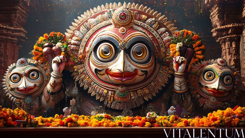 Ornate Jagannath deities glow amid vivid marigold offerings.