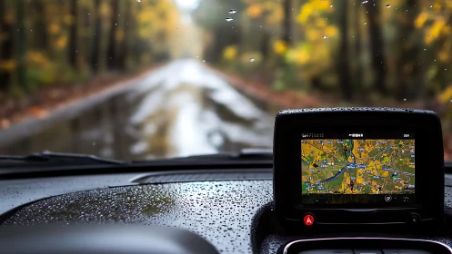 Rainy forest drive invites calm focus and guided navigation