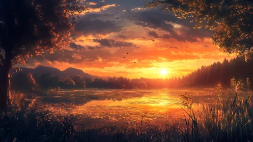 Sunset pours molten gold across a hush-drenched forest lake