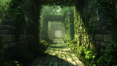 Overgrown stone corridor with receding archways in light.