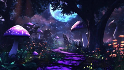 Luminous Fungal Forest Path under Bioluminescent Lunar Sky.