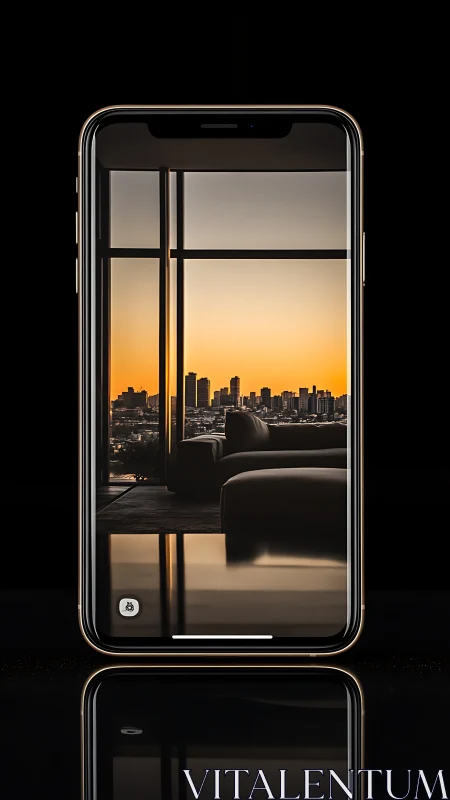 Smartphone framing modern city sunset through window.