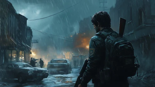 Armed survivor patrols rain-soaked post-apocalyptic street.