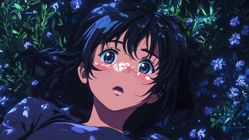 Anime girl lies in blue flower field under dappled night light