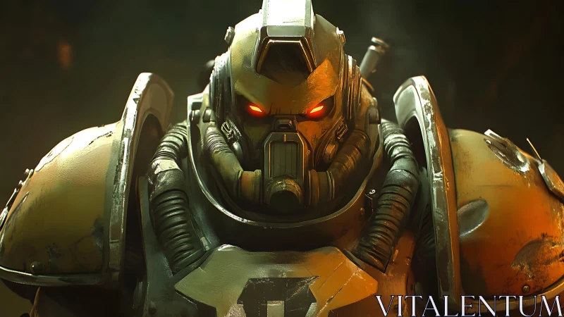 Heavily armored sci fi soldier in yellow power suit.