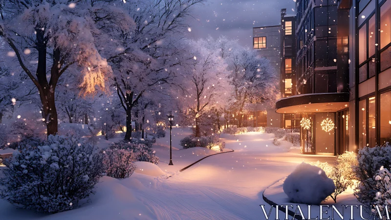 Modern apartment building entrance in quiet snowy evening.