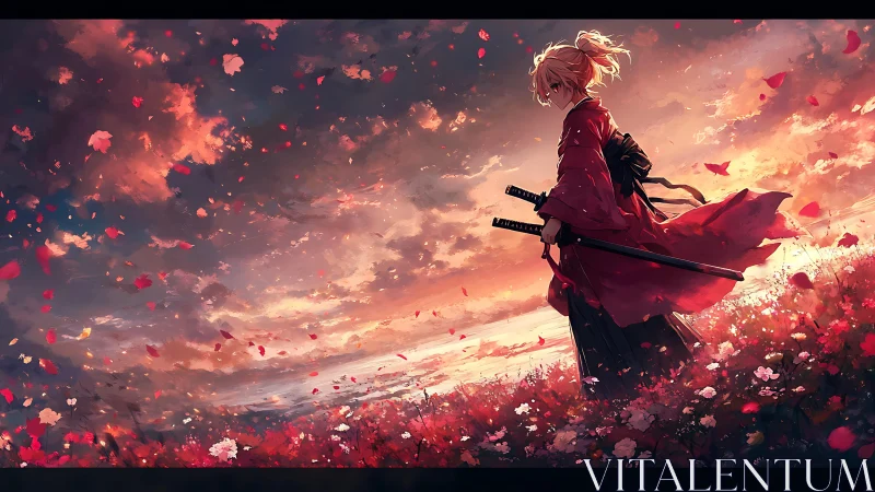 Samurai warrior in red kimono surveys sunset blossom field