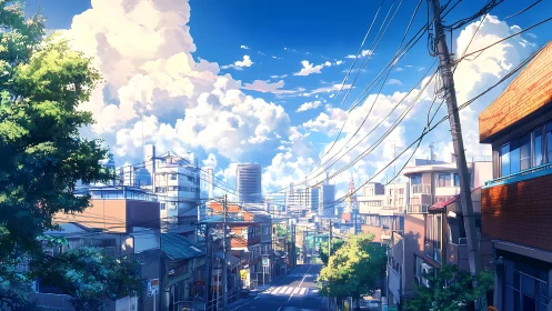 Sunlit hillside street dreams beneath towering summer clouds.