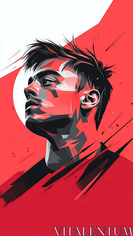 Angular vector portrait renders dynamic male profile in red