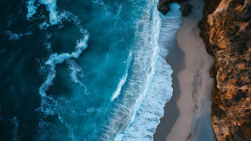 Drone view shows waves breaking along rugged coastal cliff