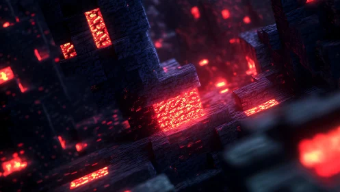Neon magma blocks illuminate a dark voxel labyrinth in depth