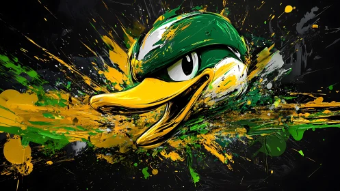 Dynamic duck mascot head rendered in explosive digital splatter
