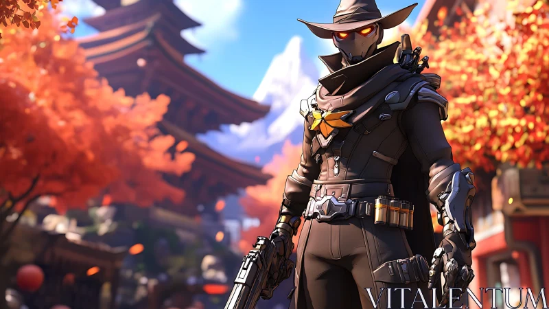 Masked gunslinger in autumn temple courtyard environment.