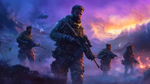Squad of determined soldiers crossing a glowing war zone.