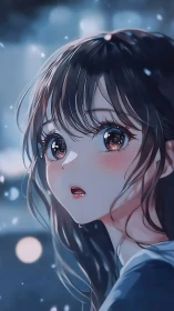 Snowlit anime girl portrait with luminous eyes at dusk.