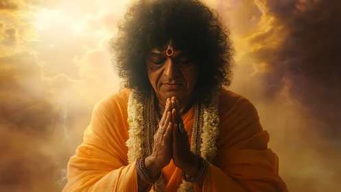 Spiritual guru in saffron robes prays amid glowing clouds
