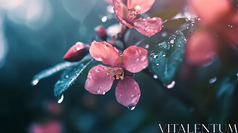 Pink Petals Weeping: Dewdrop Symphony on Verdant Stems