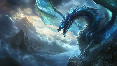 Stormlit ice dragon roars above jagged fantasy mountains
