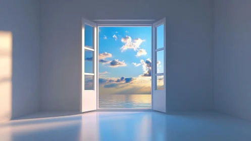 Open white window frames tranquil sea horizon at sunset.
