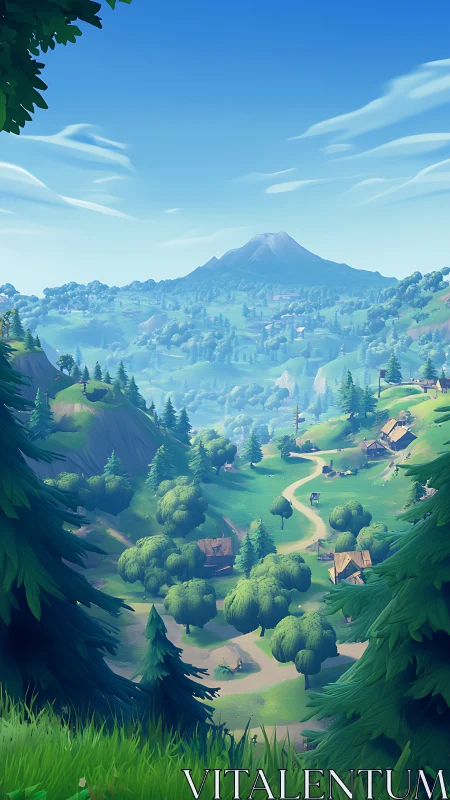 Sunny valley path winding through playful green hills.