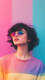 Young woman in rainbow sunglasses against pastel gradient wall